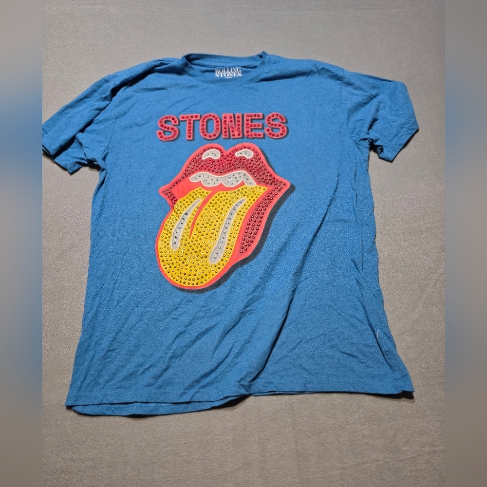 The Rolling Stones Blue Shirt with Red and Yellow Logo EUC PTP 23